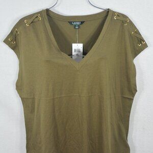 Lauren Ralph Lauren Women's Blouse XXL Olive Green V-neck Cap Sleeve Top